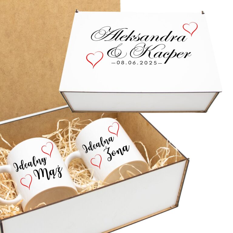 PREZENT ŚLUBNY ZESTAW KUBKÓW LATTE ŻONA i MĄŻ W SKRZYNCE KOMPLET KUBKI