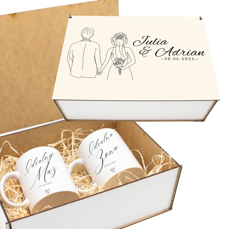 PREZENT ŚLUBNY ZESTAW KUBKÓW LATTE ŻONA i MĄŻ W SKRZYNCE KOMPLET KUBKI