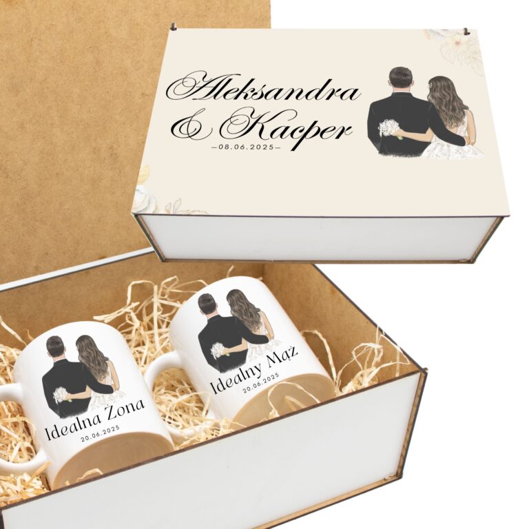 PREZENT ŚLUBNY ZESTAW KUBKÓW LATTE ŻONA i MĄŻ W SKRZYNCE KOMPLET KUBKI