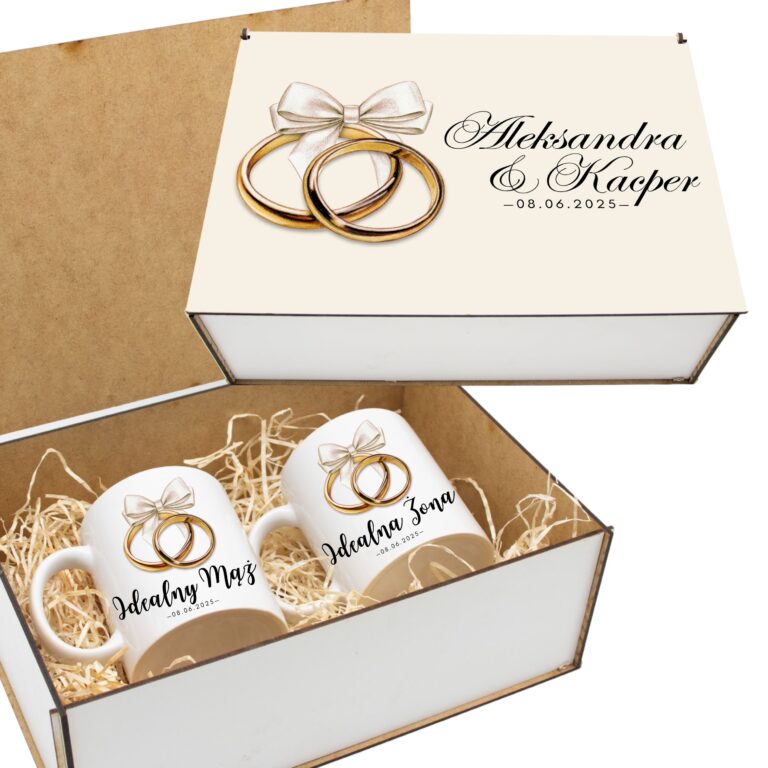 PREZENT ŚLUBNY ZESTAW KUBKÓW LATTE ŻONA i MĄŻ W SKRZYNCE KOMPLET KUBKI